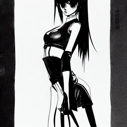 Image similar to an ink drawing of a front shot of a tech punk girl by ilya kuvshinov, black and white