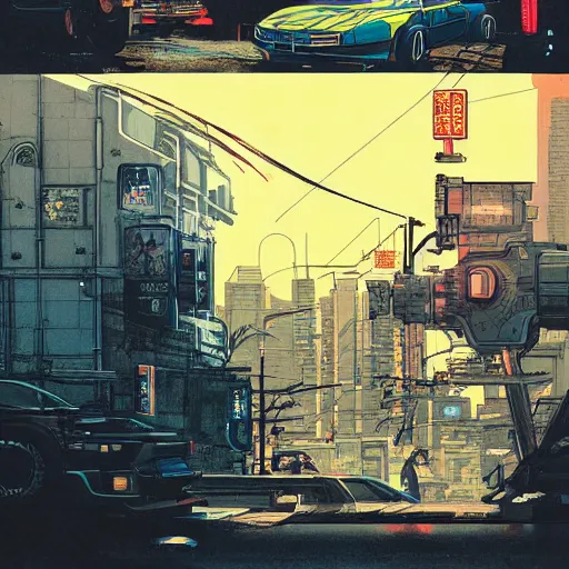 Image similar to Masamune Shirow simon stalenhag exterior armored honda civic crx street neo tokyo cyberpunk. ian mcque ink calligraphy art James Gilleard.