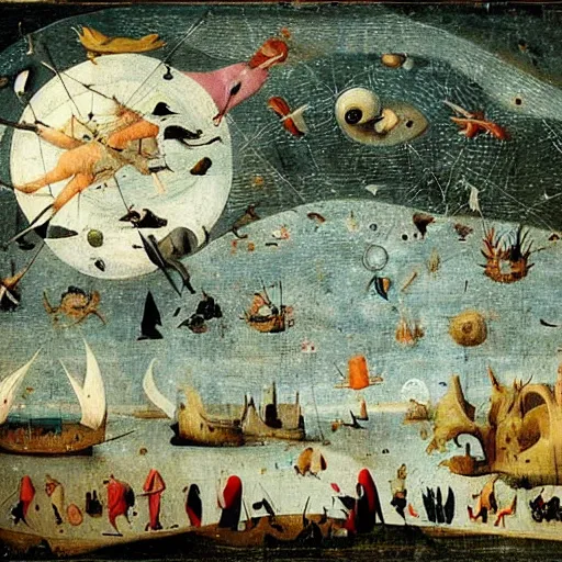 Image similar to The performance art shows a group of flying islands, each with its own unique landscape, floating in the night sky. The islands are connected by a network of bridges, and a small group of people can be seen walking along one of the bridges. Mediterranean by Hieronymous Bosch straight