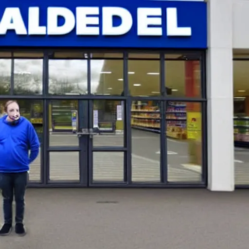 Image similar to a man terrified of entering an aldi supermarket, photo realistic