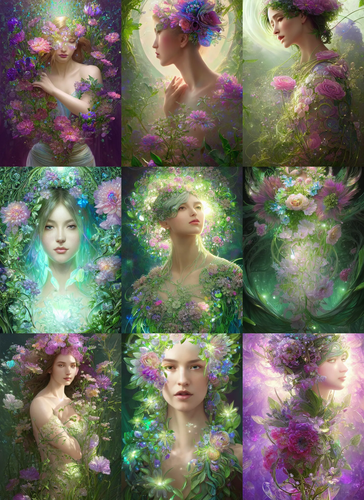 Prompt: iridescent diaphanous refractive and reflective crystal crystalline pearly floral flower bouquet, verdant, lush, overgrown, fantasy, intricate, elegant, highly detailed, digital painting, artstation, concept art, matte, sharp focus, illustration, hearthstone, art by artgerm and greg rutkowski and alphonse mucha