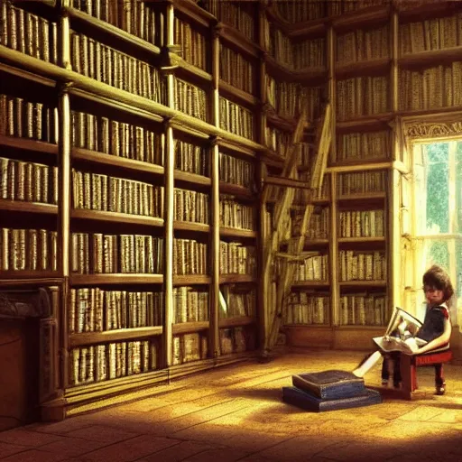 Prompt: a beautiful tall tree growing in the middle of an ancient Victorian library. a child reading a book under a library tree. by Albert Bierstadt, ultra-realistic, 4K, featured on artstation