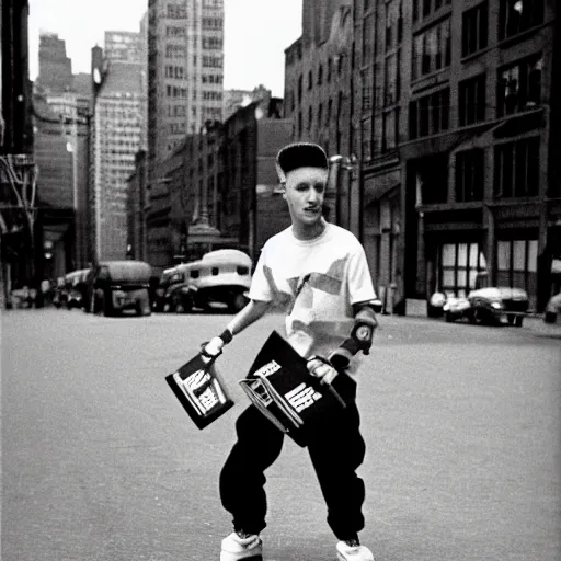 Prompt: bart simpson skating down the streets of manhattan in 1 9 3 0 wearing streetwear