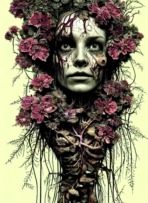 Prompt: beautiful and detailed rotten woman corpse with fractal plants and many different types of flowers growing around, muscles, veins, arteries, intricate, organs, ornate, surreal, john constable, guy denning, dan hillier