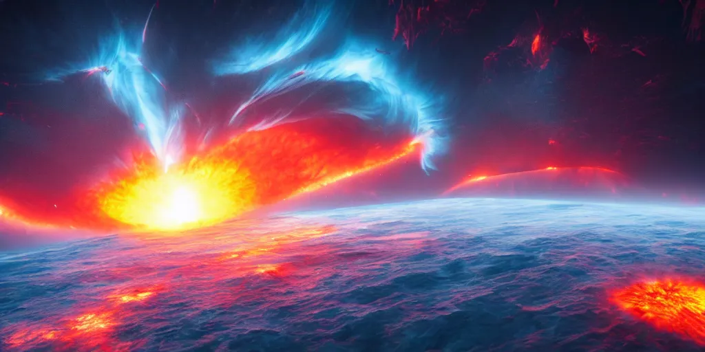 Image similar to inside a solar flare storm within looking from space at exploding volcano in middle of the sea, unreal engine, loish, rossdraws, night lighting, highly detailed, 8 k, octane render