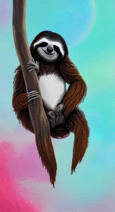 Prompt: a cute sloth hanging on a tree on a beautiful dark night with stars, everything made of thick flowing dramatic brush strokes, abstract impressionism, matte colors, trending on artstation