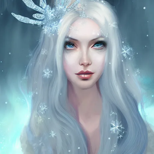 Image similar to Attractive young female ice angel, beautiful long white hair, wearing ice crystals, intricate, highly detailed, elegant, digital painting, trending on artstation