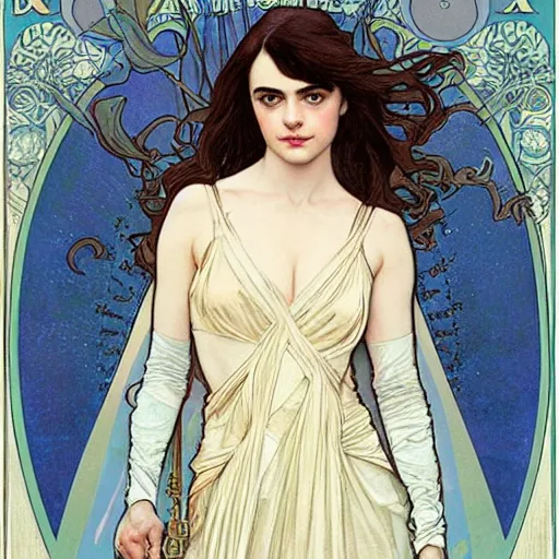 Image similar to a combination of Alexandra Daddario, Maisie Williams, Krysten Ritter, Anne Hathaway and Natalia Dwyer Christina Ricci and Lily Collins by Alphonse Mucha, Magali Villeneuve and Livia Prima