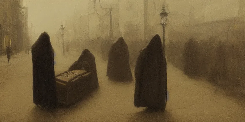 Prompt: a cloaked man dragging a black wooden coffin down the street by a chain lit only by gas lamps by john howe and henry ossawa tanner, trending on artstation, hyperrealism, highly detailed, art gallery, museum piece