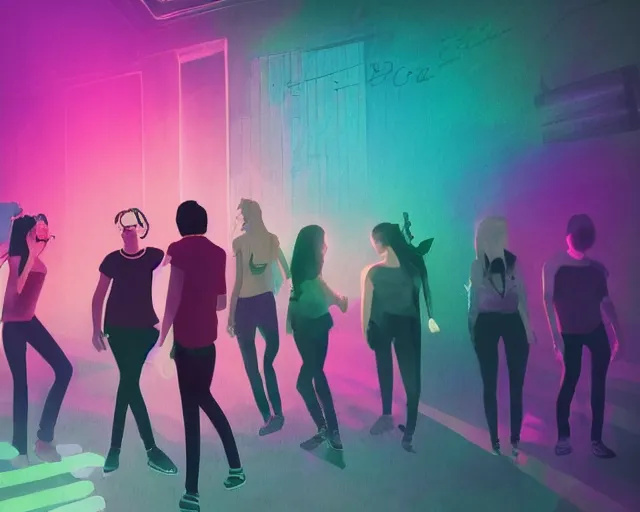 Prompt: a painting of an emo teenager hanging out with her friends at a super cool house party, synthwave, retrowave, synth, volumetric lighting, unreal engine, atmospheric, hip, cool, college party