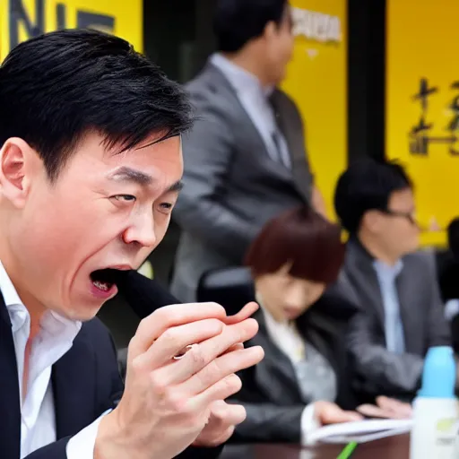 Image similar to ceo of binance changpeng zhao screaming while angry customers grab