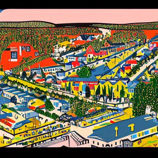 Prompt: 1960s illustration of a town in a valley with people gathered in a town square, aerial view, sunrise, peppermint motif, collage in the style of Klaus Voormann, high quality