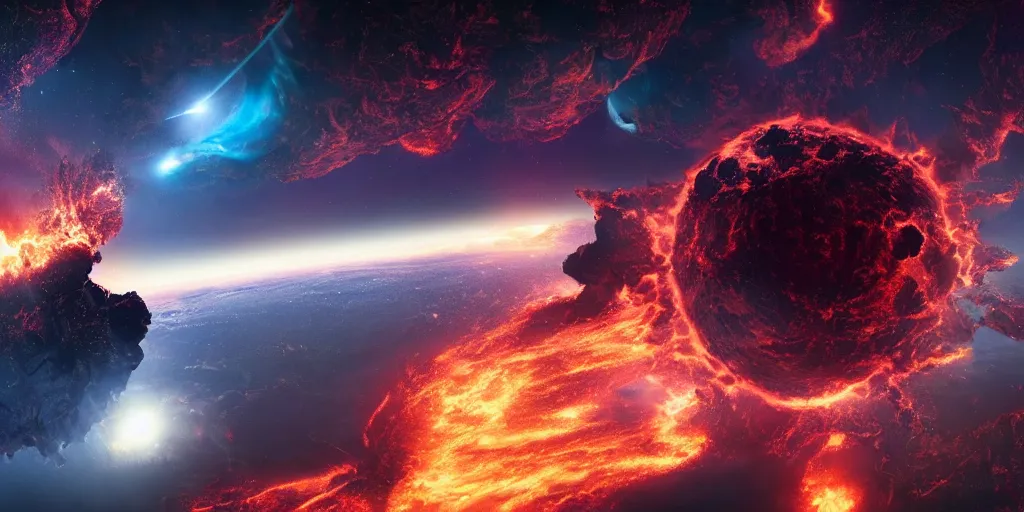 Image similar to orbital earth bombardment seen from space, galactic conquest, hell, fire, inferno, explosion, atomic bomb, dreamcore, realistic, doom, catastrophe, insanity, cinematic, end of humanity, 8 k, hdr, very detailed