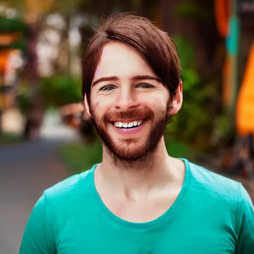 Prompt: Male with brown hair wearing a blue t shirt, green eyes and a cute smile on his face, Realistic, HDR, Clear Image, HDD,