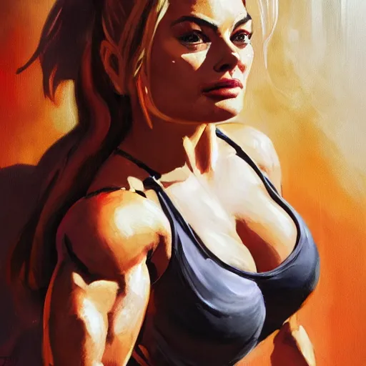 Image similar to greg manchess portrait of margot robbie as thick female bodybuilder lara croft wearing red armour in disco elysium, epic grimdark, fantasy, medium shot, asymmetrical, profile picture, organic painting, sunny day, matte painting, bold shapes, hard edges, street art, trending on artstation, by huang guangjian and gil elvgren and sachin teng