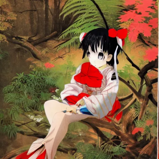 Image similar to a amano yoshitaka of reimu in the jungle wearing bonnet