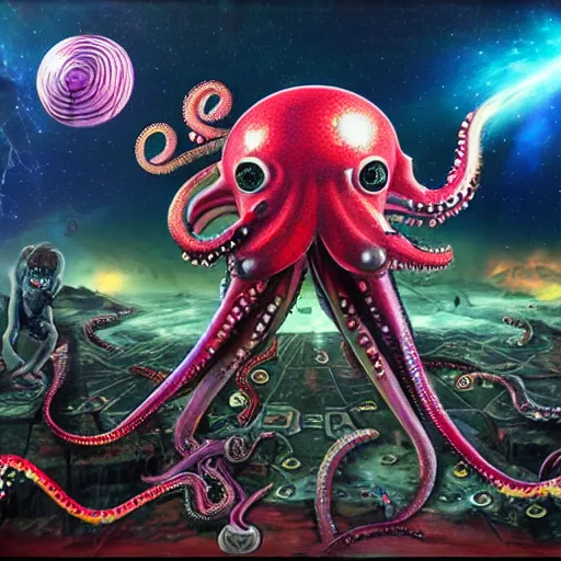 Image similar to steve harvey cyborg octopus, conquering earth, epic battle scene, 8 k, mystical fantasy painting