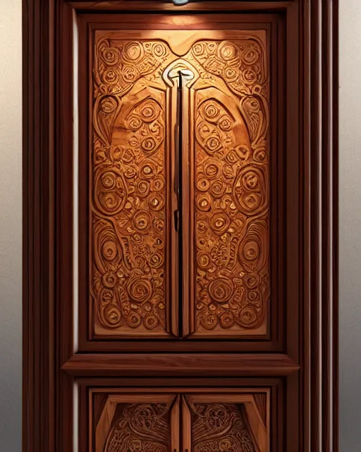 Image similar to celestial door with cosmic inscriptions glowing, mahogany burl wood door with intricate ivory carved flowers, gilding, artstation, sylvain sarrailh, 3 d