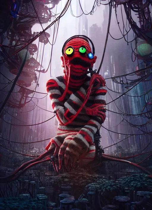 Image similar to intricate Waldo from Where's Waldo, being eaten by a spider, on the background of a weird magical mechanical forest. Very detailed 8k. Fantasy cyberpunk horror. Sharp. Cinematic post-processing