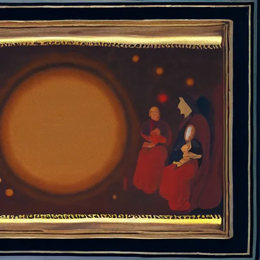 Image similar to traditional sami art by alberto burri, by j. m. w. turner apocalyptic, tired. the digital art shows venus seated on a crescent moon. she is surrounded by the goddesses ceres & bacchus, who are both holding cornucopias.
