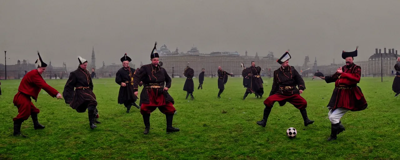 Prompt: ukrainian cossacks play football in london, early 2 0 th century, rain, realistic, hyper detail, dynamic, in john baeder style, many details, super realistic, high quality, 8 k