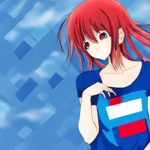 Prompt: An anime girl in a blue red and white colored shirt with text that says Slovenia.