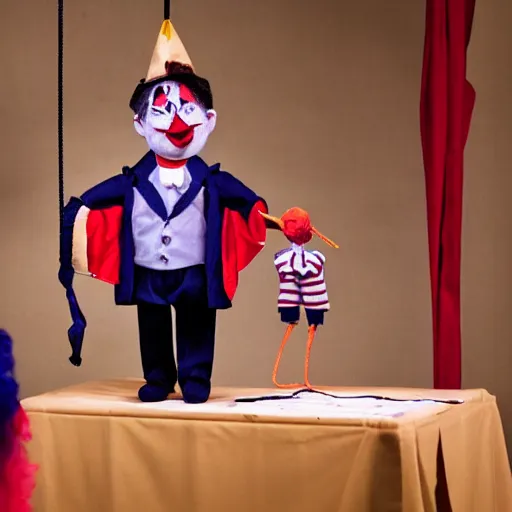 Prompt: puppet show of a puppeteer using a string marionette of a president with clown makeup in a podium