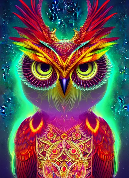 Image similar to symmetry!! product render poster vivid colors divine proportion owl, 神 圣, glowing fog intricate, elegant, highly detailed, digital painting, artstation, concept art, smooth, sharp focus, illustration,