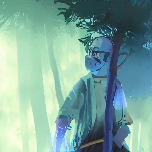 Image similar to close - up shot painting of a young bald blue - skinned wizard in a forest, by ismail inceoglu