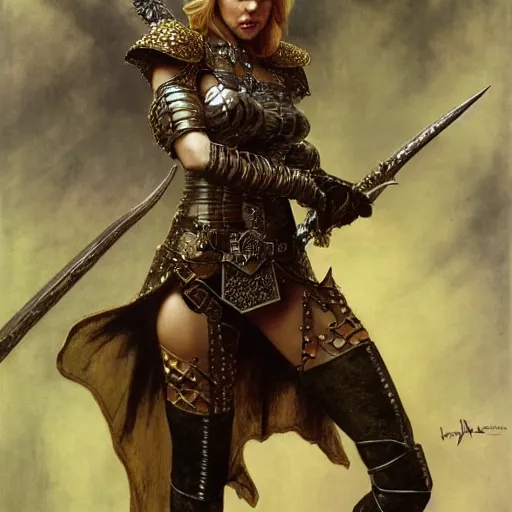 Image similar to half length portrait of hannah waddingham as an elf ranger in studded leather armor, d & d, medieval, fantasy, royo, klimt, miro, vallejo, frazetta, alphonse mucha, greg rutkowski, whealan