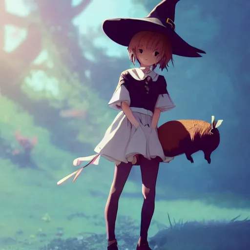 Image similar to full body portrait character concept art, anime key visual of a little witch with her capybara mascot, cinematic lighting, dramatic atmosphere, by dustin nguyen, akihiko yoshida, greg tocchini, greg rutkowski, cliff chiang, 4 k resolution, octane render