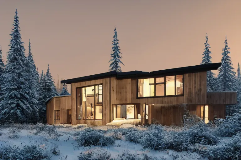 Image similar to modern modern fachwerk house with in the forest on the foot of Elbrus mountain covered by snow on the background, architecture, 3d render 8k , high details