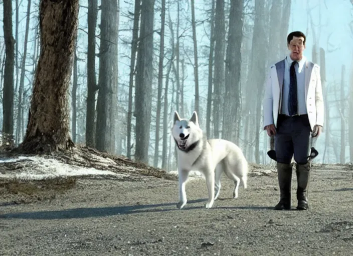 Image similar to film still of an anthropomorphic standing upright man dog white vested husky!!!!!! in a white vest wearing a white vest!!!!! in the new sci - fi movie, 8 k