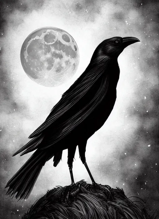 Image similar to portrait, A crow in front of the full big moon, book cover, red white and black colors, establishing shot, extremly high detail, foto realistic, cinematic lighting, pen and ink, intricate line drawings, by Yoshitaka Amano, Ruan Jia, Kentaro Miura, Artgerm, post processed, concept art, artstation, matte painting, style by eddie mendoza, raphael lacoste, alex ross