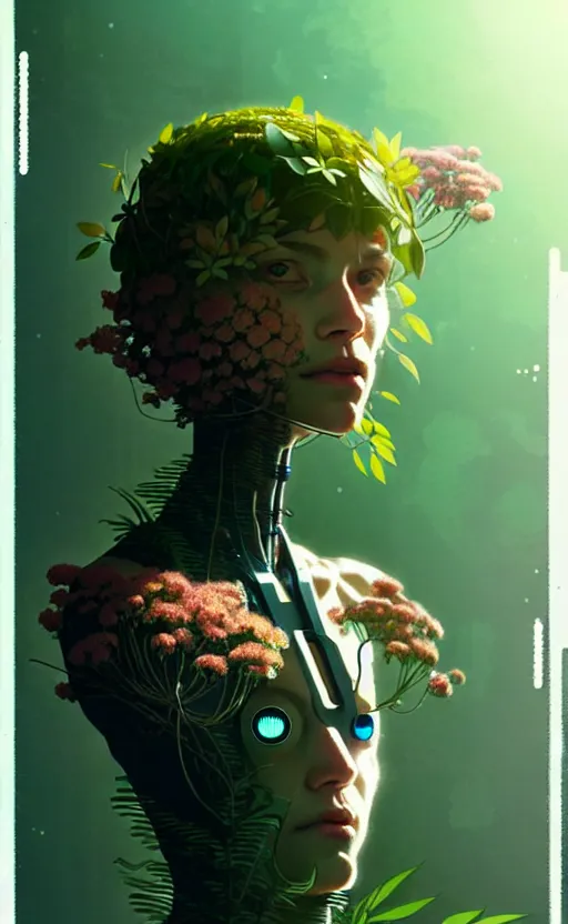 Prompt: a cyborg in some plants with flowers for a face by satoshi kon and greg rutkowski, 7 0's vintage sci - fi flat surreal design