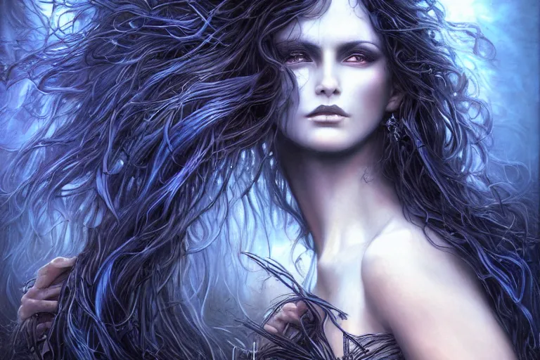 Prompt: masterpiece goddess of sorrow, realistic portrait, 3 0 years woman, melancholic face, long hair, digital painting by louis royo and julie bell, dark tenebrous blue background, one third composition, cinematic light, aura effect, some chaotic sparkles, wind, unreal engine, artstation, deviantart, pinterest