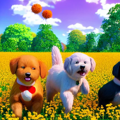 Prompt: manga cover portrait of an extremely cute and adorable beautiful group of happy puppies running in a flower field, harvest fall vibrance, 3 d render diorama by hayao miyazaki, official studio ghibli still, color graflex macro photograph, pixiv, daz studio 3 d