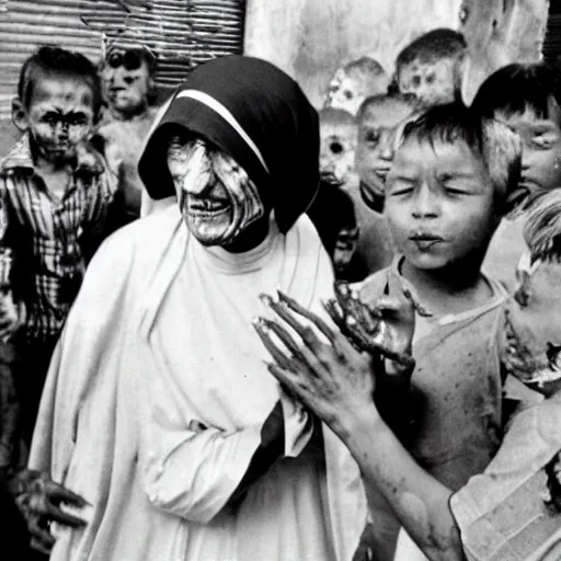 Image similar to zombie mother teresa giving food out at an orphanage