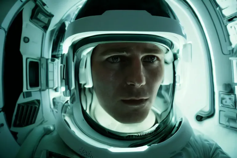 Image similar to VFX movie of a futuristic spaceman closeup portrait in high tech spaceship, beautiful natural skin neon lighting by Emmanuel Lubezki