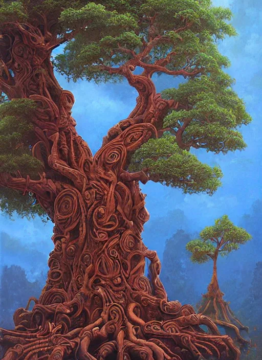 Prompt: ayahuma tree with a tribal face in its trunk, art by christophe vacher