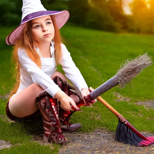 Prompt: young witch with magic wand and broom cosplay, she wears boots, photo taken by nikon, 4k, high quality, very detailed, intricant