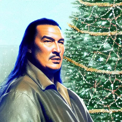 Prompt: highly detailed matte painting of steven seagal beneath a christmas tree, realistic,