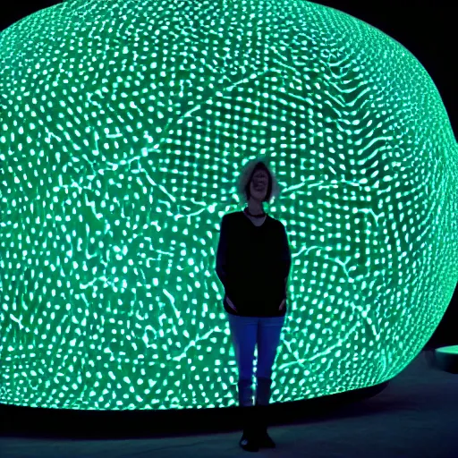 Image similar to annie liebowitz portrait of a plasma energy tron dinosaur egg in the shape of a random circular shapes, made up of glowing electric plates and patterns. cinestill