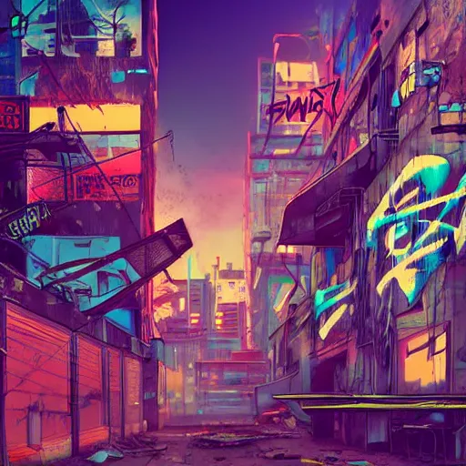 Image similar to graffiti on a wall in a run down building, happy mood, cyberpunk, futuristic, neon, high detail, golden light, realistic