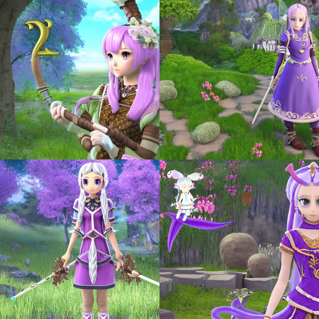 Prompt: 3d female character model, Rune Factory 5, hand painted textures on model, with long platinum hair, has purple eyes, holding an ornate staff, fantasy, Nintendo Switch, colorful, Little Bo Peep, Spring, fluffy sheep in the background, forest, ue4, midday, petals in the wind, cinematic, wallpaper, hot petite, 4k