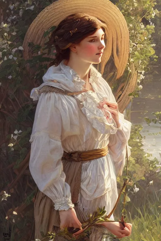 Image similar to beautiful cottagecore young peasant maiden, intricate, elegant, highly detailed, digital painting, artstation, concept art, smooth, sharp focus, illustration, art by artgerm and greg rutkowski and alphonse mucha