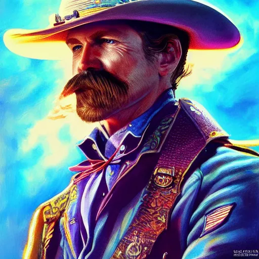 Image similar to Photorealistic Wyatt Earp as a space cowboy. Hyperdetailed photorealism, 108 megapixels, amazing depth, glowing rich colors, powerful imagery, psychedelic Overtones, 3D finalrender, 3d shading, cinematic lighting, artstation concept art