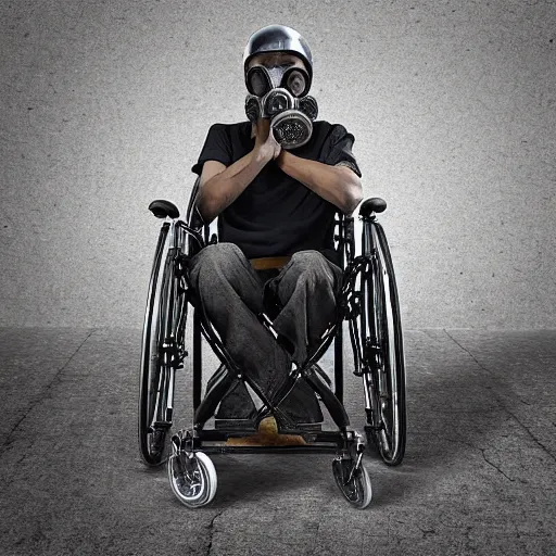 Image similar to gas mask guy in a wheelchair, realistic, old photograph