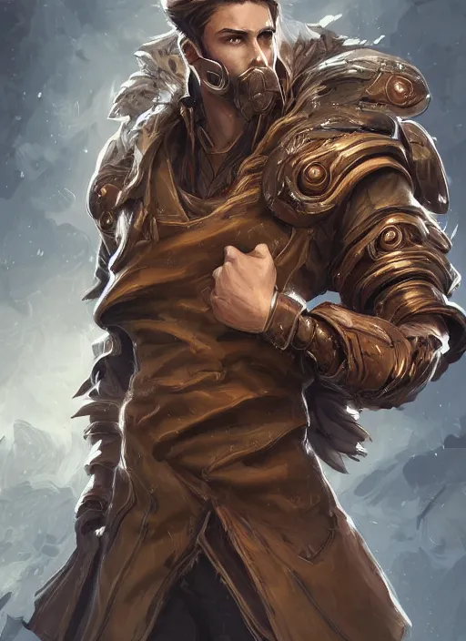 Image similar to a highly detailed illustration of thick wavy brown haired young white guy wearing brown coat and face mask, extra mechanical arms on his back, dramatic hands in pocket standing pose, intricate, elegant, highly detailed, centered, digital painting, artstation, concept art, smooth, sharp focus, league of legends concept art, WLOP