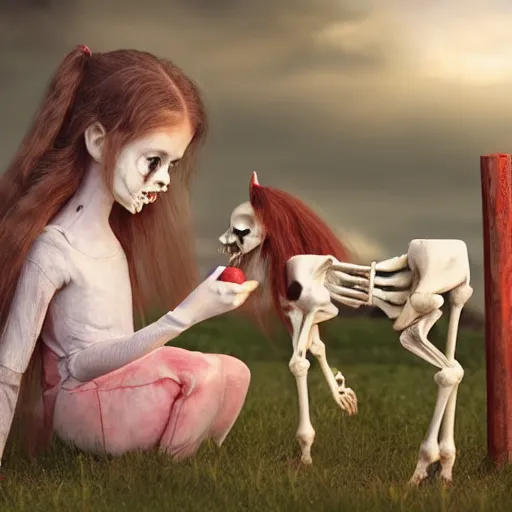 Image similar to a portrait of a little girl feeding an apple to a skeleton horse, the girl looks happy and have bright eyes and a porcelain face, matte painting 3 d watercolour rendering,